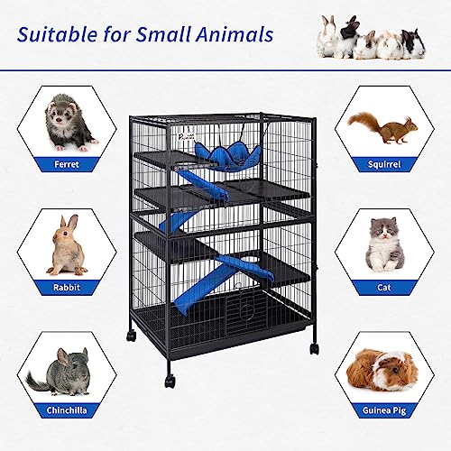 50" H 4 Tier Steel Plastic Deluxe Small Animal Pet Cage Kit for Guinea Pig Ferret Little Rabbit with Wheels Brakes Hammock Removable Tray and Ladder with Flannel