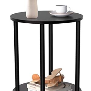 Unihouse Small Round Side Table, 2 Tier Black Wooden End Table/Bed Side Table/Nightstand for Living Room/Bedroom/Small Space,15.6"(D)*19.72"(H),Metal Legs