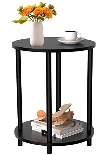 Unihouse Small Round Side Table, 2 Tier Black Wooden End Table/Bed Side Table/Nightstand for Living Room/Bedroom/Small Space,15.6"(D)*19.72"(H),Metal Legs