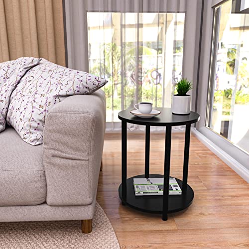 Unihouse Small Round Side Table, 2 Tier Black Wooden End Table/Bed Side Table/Nightstand for Living Room/Bedroom/Small Space,15.6"(D)*19.72"(H),Metal Legs