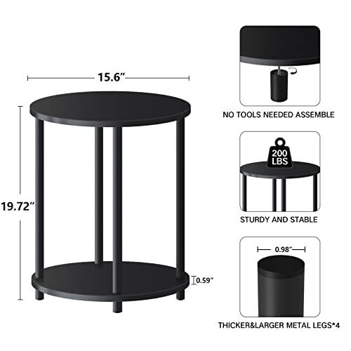 Unihouse Small Round Side Table, 2 Tier Black Wooden End Table/Bed Side Table/Nightstand for Living Room/Bedroom/Small Space,15.6"(D)*19.72"(H),Metal Legs