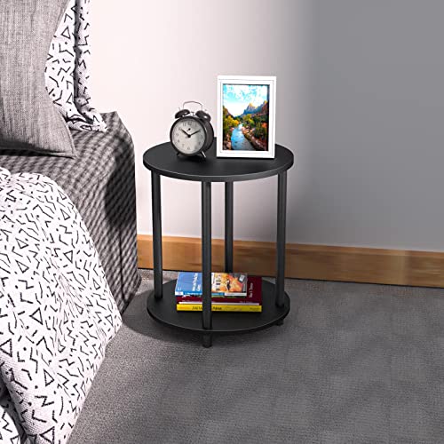 Unihouse Small Round Side Table, 2 Tier Black Wooden End Table/Bed Side Table/Nightstand for Living Room/Bedroom/Small Space,15.6"(D)*19.72"(H),Metal Legs