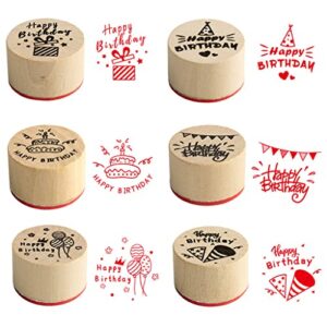 jztang 6 pcs wooden stamps set round wooden rubber stamps for card making happy birthday pattern rubber stamp for diy craft card and scrapbooking (happy birthday stamps)