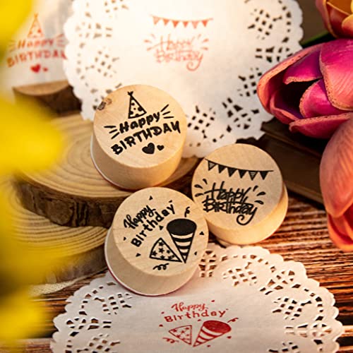 JZTang 6 Pcs Wooden Stamps Set Round Wooden Rubber Stamps for Card Making Happy Birthday Pattern Rubber Stamp for DIY Craft Card and Scrapbooking (Happy Birthday Stamps)