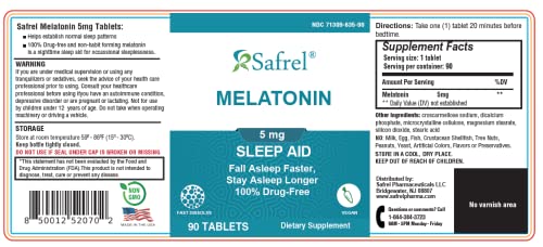 Safrel Melatonin 5mg Tablets, Vegan Natural Sleep Aid, Helps You to Fall Asleep Faster and Stay Asleep Longer, Helps with Occasional Sleeplessness and Supports Restful Sleep, 90 Count