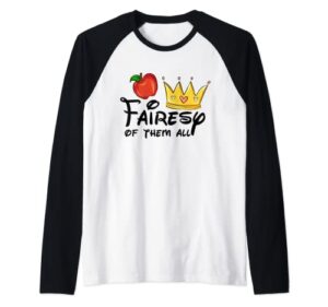 fairesy of them all with crown and appale halloween theme raglan baseball tee