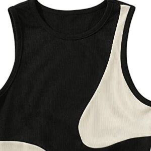SweatyRocks Women's Ribbed Knit Colorblock Bodysuit Sleeveless Round Neck Tank Tops Bodysuit for Women Summer Slim Fit Black and Cream XL