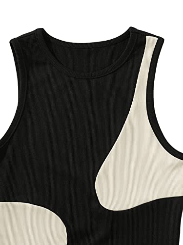 SweatyRocks Women's Ribbed Knit Colorblock Bodysuit Sleeveless Round Neck Tank Tops Bodysuit for Women Summer Slim Fit Black and Cream XL