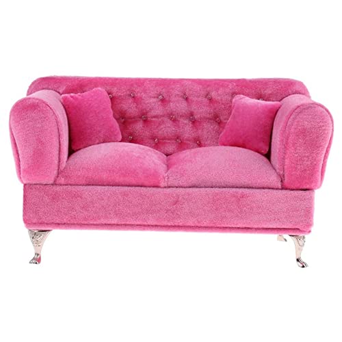 YUPVM 1/6 Miniature Dollhouse Sofa with Pillows Pink Suede Sofa for Dollhouse Decorate Furniture Accessories (500179341)