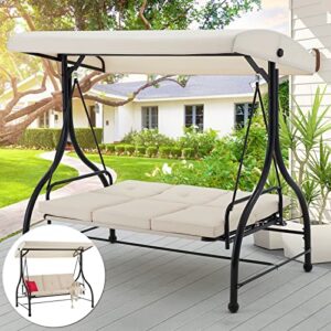 aecojoy 3-seat outdoor patio swing chair, converting swing glider canopy hammock w/adjustable backrest and canopy, removable cushions for porch, backyard, poolside, beige