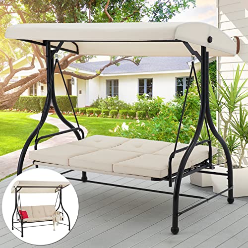 AECOJOY 3-Seat Outdoor Patio Swing Chair, Converting Swing Glider Canopy Hammock w/Adjustable Backrest and Canopy, Removable Cushions for Porch, Backyard, Poolside, Beige