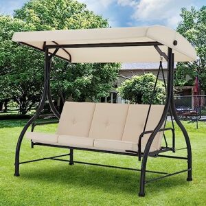 AECOJOY 3-Seat Outdoor Patio Swing Chair, Converting Swing Glider Canopy Hammock w/Adjustable Backrest and Canopy, Removable Cushions for Porch, Backyard, Poolside, Beige