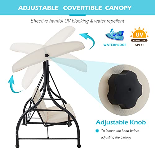 AECOJOY 3-Seat Outdoor Patio Swing Chair, Converting Swing Glider Canopy Hammock w/Adjustable Backrest and Canopy, Removable Cushions for Porch, Backyard, Poolside, Beige