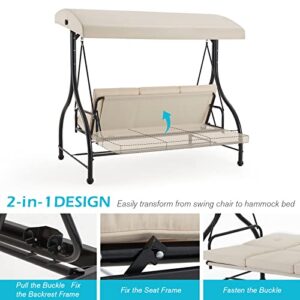 AECOJOY 3-Seat Outdoor Patio Swing Chair, Converting Swing Glider Canopy Hammock w/Adjustable Backrest and Canopy, Removable Cushions for Porch, Backyard, Poolside, Beige