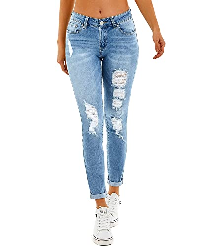 RHODANTHE Women's Ripped Boyfriend Jeans Stretch Skinny Trendy Jean Women Straight Distressed Jeans