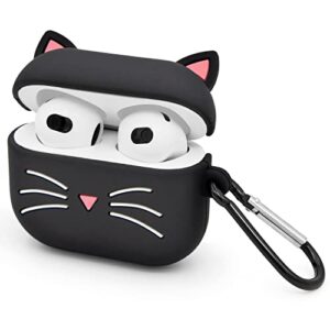 mouzor cute airpods 3 case (2021), black whisker cat airpods 3rd generation (2021) case funny 3d cartoon animal shockproof soft silicone charging case cover with carabiner for kids girls boys women