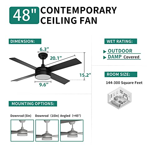 YITAHOME Black Ceiling Fans with Light and Remote, Dimmable Fanlight for Indoor Outdoor, Light Fan with Stepless Color Temperature, Night Light Mode, 48 Inch