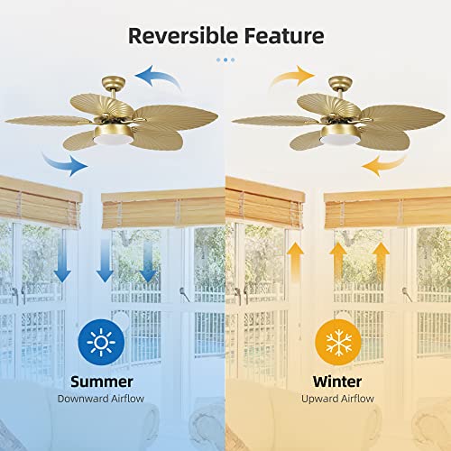 YITAHOME Tropical Ceiling Fans with Light and Remote, 52 Inch Fan Light with Memory Function, Lights Colors Changing, Quiet Motor, Timer, Palm Leaf Blades for Outdoor/Indoor - Gold