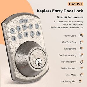 Keyless Entry Door Lock with Handle, TRAUST Electronic Keypad Deadbolt, 4-Piece Front Door Lock Set, Auto Lock, 1-Touch Locking, Low Battery Alert, 10 User Codes, IP54 Waterproof, Satin Nickel