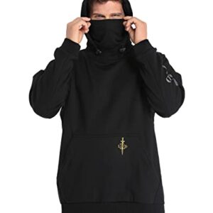 LRD Fleece Hoodie with Mask for Men Built in Gaiter Tactical Fishing Sweatshirt Black - L