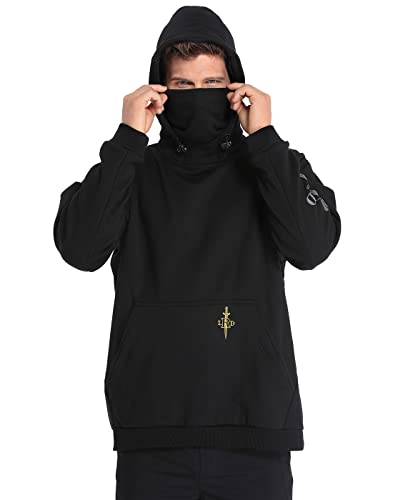 LRD Fleece Hoodie with Mask for Men Built in Gaiter Tactical Fishing Sweatshirt Black - L