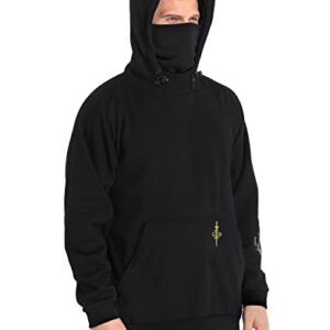 LRD Fleece Hoodie with Mask for Men Built in Gaiter Tactical Fishing Sweatshirt Black - L