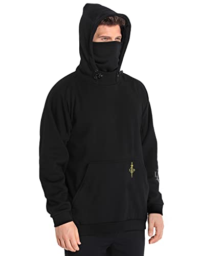 LRD Fleece Hoodie with Mask for Men Built in Gaiter Tactical Fishing Sweatshirt Black - L