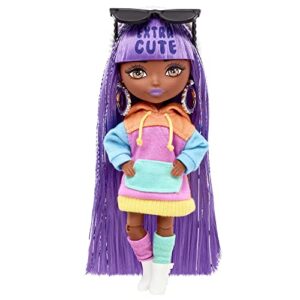 barbie extra minis doll & accessories with purple & silver hair, toy pieces include color-block hoodie dress & boots