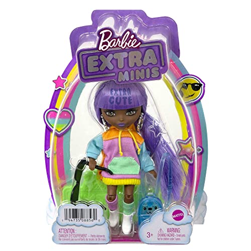 Barbie Extra Minis Doll & Accessories with Purple & Silver Hair, Toy Pieces Include Color-Block Hoodie Dress & Boots