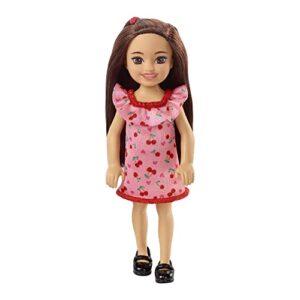 barbie chelsea doll (brunette) wearing ruffled cherry-print dress and black shoes, toy for kids ages 3 years old & up