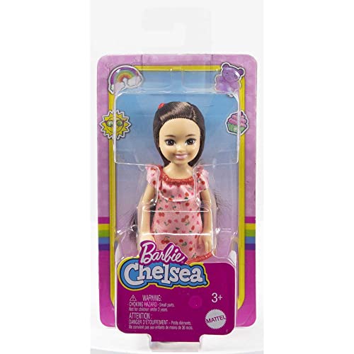 Barbie Chelsea Doll (Brunette) Wearing Ruffled Cherry-Print Dress and Black Shoes, Toy for Kids Ages 3 Years Old & Up