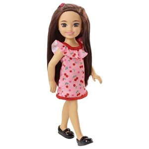 Barbie Chelsea Doll (Brunette) Wearing Ruffled Cherry-Print Dress and Black Shoes, Toy for Kids Ages 3 Years Old & Up