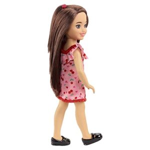 Barbie Chelsea Doll (Brunette) Wearing Ruffled Cherry-Print Dress and Black Shoes, Toy for Kids Ages 3 Years Old & Up