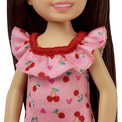 Barbie Chelsea Doll (Brunette) Wearing Ruffled Cherry-Print Dress and Black Shoes, Toy for Kids Ages 3 Years Old & Up