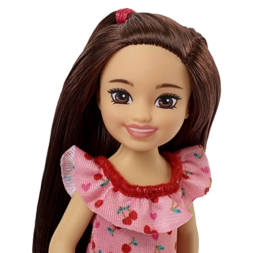 Barbie Chelsea Doll (Brunette) Wearing Ruffled Cherry-Print Dress and Black Shoes, Toy for Kids Ages 3 Years Old & Up