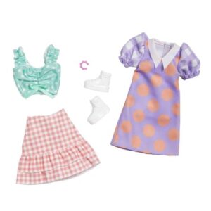 barbie fashions 2-pack, 2 outfits & 2 accessories: polka dot blouse & gingham skirt, polka dot dress with collar, bracelet & boots, kids 3 to 8 years old