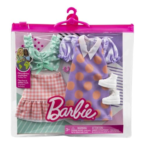 Barbie Fashions 2-Pack, 2 Outfits & 2 Accessories: Polka Dot Blouse & Gingham Skirt, Polka Dot Dress with Collar, Bracelet & Boots, Kids 3 to 8 Years Old