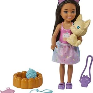 Barbie Chelsea Doll & Accessories, Brunette Doll with Removable Sprinkle-Print Skirt, Kitten, Pet Bed & More