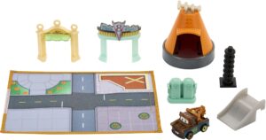 mattel disney and pixar cars mini racers playset, on-the-go radiator springs with 1 mini toy car, accessories & portable case