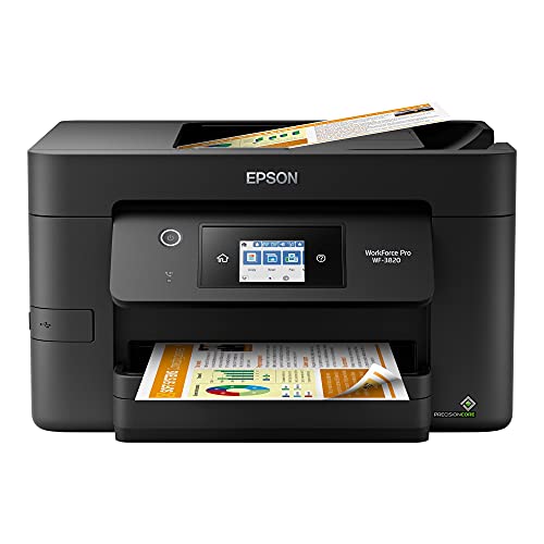 Epson Workforce Pro WF-3820 All-in-One Wireless Color Inkjet Printer, Black - Print Scan Copy Fax - 2.7" Touchscreen, 21 ppm, 4800 x 2400 dpi, 8.5 x 14, Auto 2-Sided Printing, 35-Sheet ADF, Ethernet