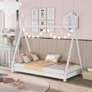 twin house bed, floor bed, tent bed, wood platform bed frame with roof for toddlers kids boys girls teens, no box spring needed – white