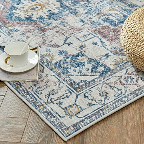 jinchan Area Rug 5x7 Indoor Vintage Rug Floor Cover Print Distressed Carpet Multi Thin Rug Chenille Blue Foldable Accent Rug Lightweight Non Slip Kitchen Living Room Bedroom Dining Room