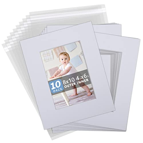 Somime Acid Free 8x10 Frame Mat Set, White 8x10 Matte for 5x7 Pictures with Core Bevel Cut for Photos, Artworks, Prints(10 Pack) - Includes Pre-Cut Mats, Backing Boards and Crystal Seal Bags