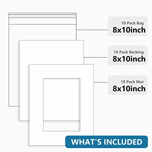 Somime Acid Free 8x10 Frame Mat Set, White 8x10 Matte for 5x7 Pictures with Core Bevel Cut for Photos, Artworks, Prints(10 Pack) - Includes Pre-Cut Mats, Backing Boards and Crystal Seal Bags