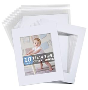 somime 10 pack white photo mats 11x14 for 8x10 with core bevel cut matte sets, acid free mat board for picture frame, photos, 11x14 mat - includes pre-cut mats, backing boards and clear seal bags
