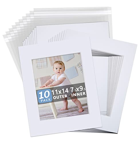 Somime 10 Pack White Photo Mats 11x14 for 8x10 with Core Bevel Cut Matte Sets, Acid Free Mat Board for Picture Frame, Photos, 11x14 Mat - Includes Pre-Cut Mats, Backing Boards and Clear Seal Bags