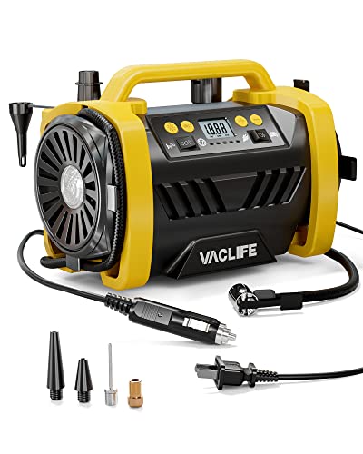 VacLife Tire Inflator Portable Air Compressor - 12V DC/120V AC Car Tire Pump for Air Mattress Beds, Boats with Inflation and Deflation Modes, Dual Powerful Motors, Model: ATJ-6588, Yellow (VL758)