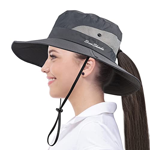 Lesgrod Womens Ponytail Sun Hat UV Protection Bucket Hats Foldable Wide Brim Hat for Beach Fishing Hiking