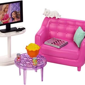 Barbie Indoor Furniture Playset, Living Room Includes Kitten, Furniture and Accessories for Movie and Game Night