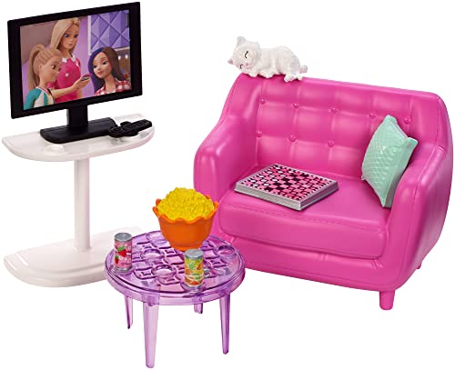 Barbie Indoor Furniture Playset, Living Room Includes Kitten, Furniture and Accessories for Movie and Game Night